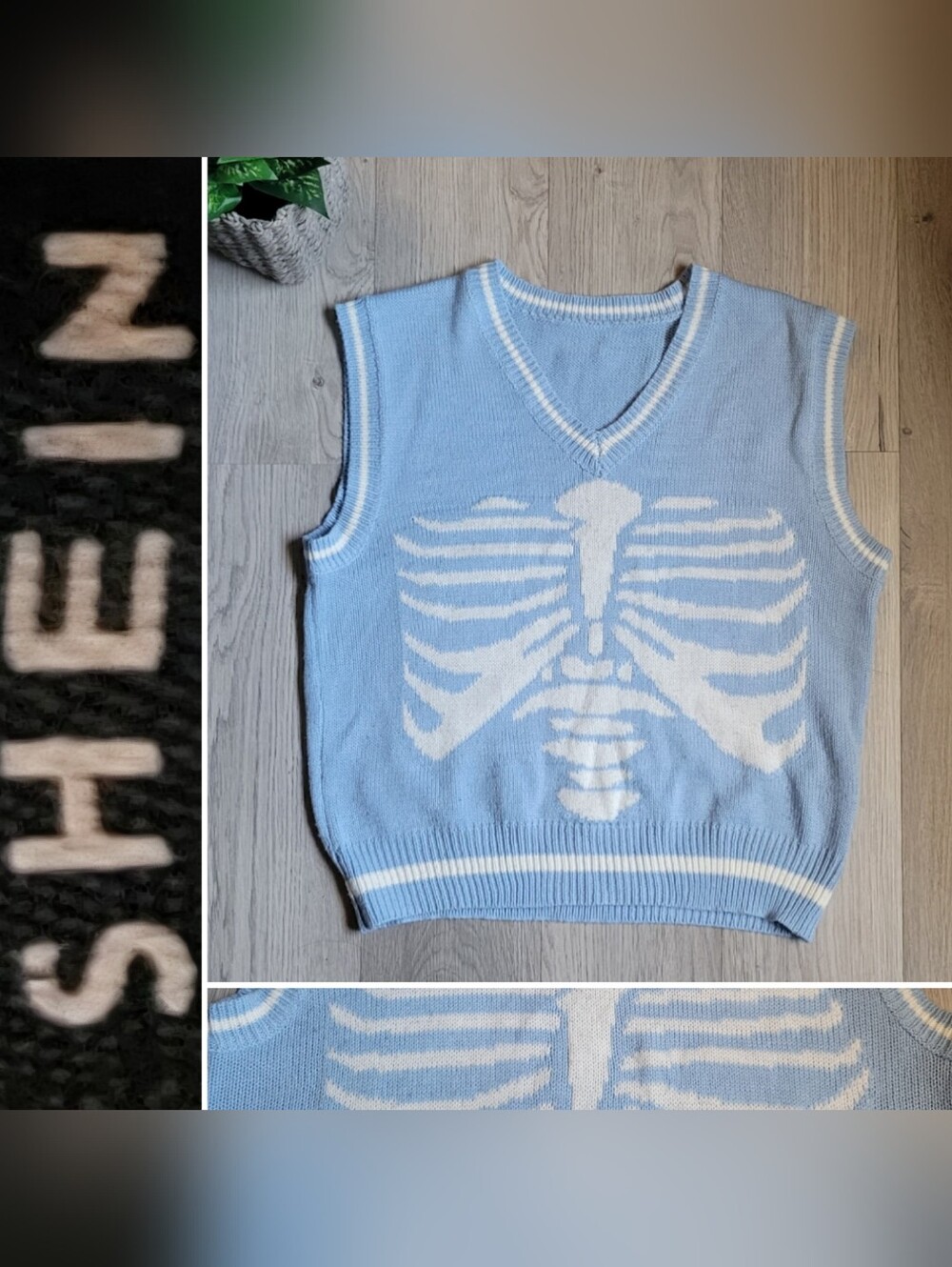 Shein Ribcage Bones Knit Blue & White Radiologic Tech V-Neck Sweater Vest, Small